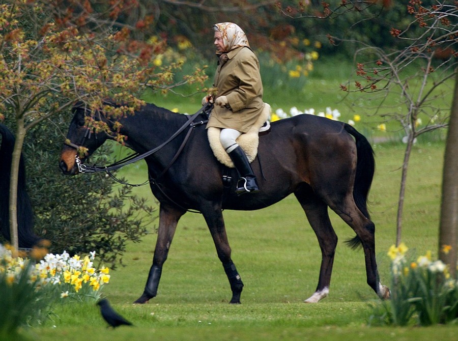 The Queen rides a horse through a garden area.