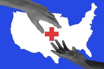 The mainland United States map with a red health-care plus sign in the center and two hands reaching for it