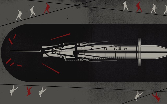 A broken vaccine applicator is caught in a horizontal test tube while people walk around it on tightropes