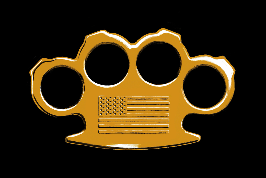 illustration of gilded set of brass knuckles with the U.S. flag embossed on it