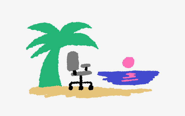 Office chair on a beach with a palm tree
