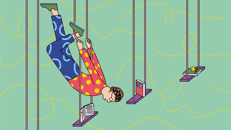 Illustration of a man suspended upside down reading a book that's on the seat of a swing
