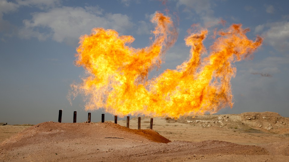 A gas flare in the Penja Ali district of Kirkuk, the oil rich ethnically diverse city in northern Iraq that both the Kurdish Regional Government and Baghdad claim as their own.