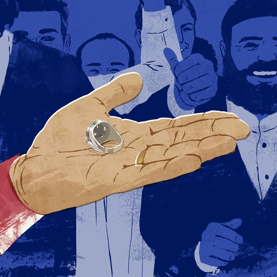 illustration of hand outstretched with palm up holding a silver ring, with smiling and cheering crowd in background