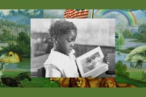 A boy reads a book, with artwork for 'The Experiment' in the background