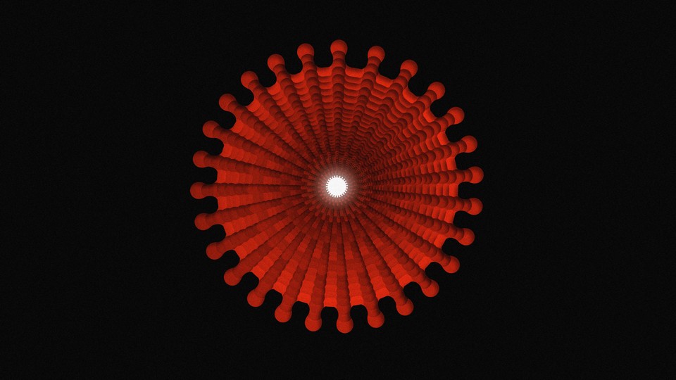 Graphic of a coronavirus particle with a hole at the center, like a tunnel