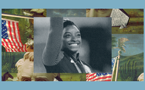 Simone Biles smiles and waves to an Olympic crowd. The image is set into a frame featuring The Experiment’s show art.