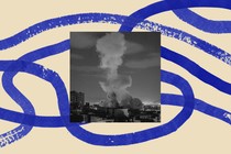 A black-and-white photo of a cloud of smoke after a bombing in Iran, bordered by an illustration