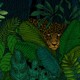 An illustration of a jaguar peeking through plants in a jungle