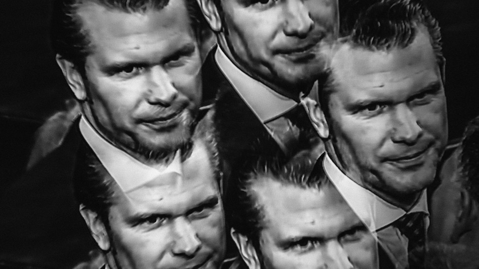 Five duplicated black-and-white photographs of Pete Hegseth’s face that overlap with one another