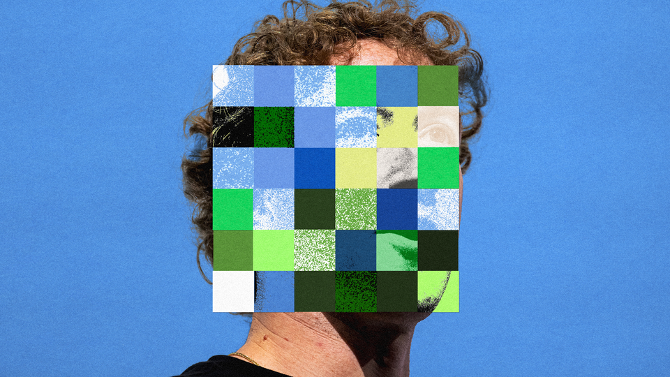 A photo of Mark Zuckerberg with a colorful mosaic over his face