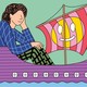 A person rides in a small purple ship with a smiley face on the sail.
