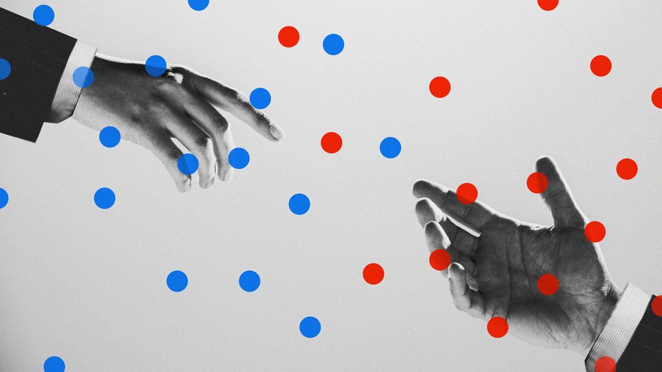 Two hands reaching toward each other, surrounded by blue and red dots