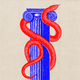 Illustration showing a red snake choking a blue column
