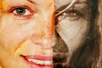 A photograph of Pamela Anderson's face, half in color and half in black and white