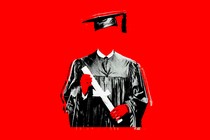 Illustration showing Harvard graduation gown but the person wearing it is invisible