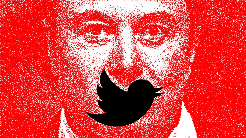 Illustration of Elon Musk in red with a black Twitter logo over his mouth.