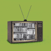 A TV shows a black-and-white animation of scrolling bookshelves.