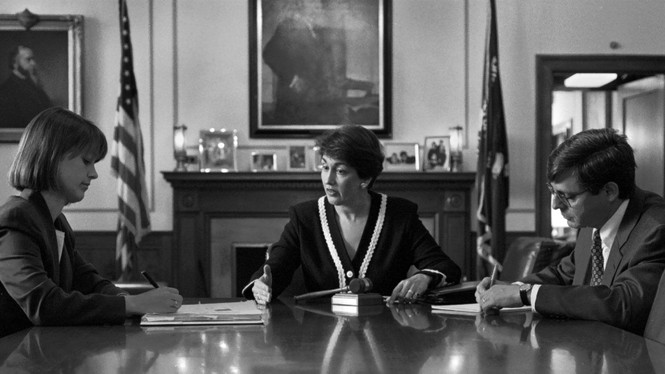 Picture of Jamie Gorelick, Deputy Attorney General, taking a meeting with Amy Jeffries, left, Counsel to D.A.G., and Merrick Garland, Principle Assistant to the D.A.G., right, in her office at the Justice Department. Photograph taken in September 1995  (Photo by Bill O'Leary/The The Washington Post via Getty Images)