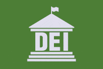 A university building with the letters ‘DEI’ fading in and out between the building’s pillars