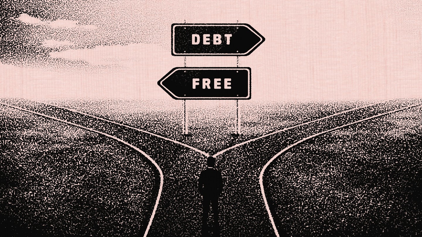 an illustration of a figure standing at a crossroads, the signs pointing toward "debt" in one direction and "free" in the other