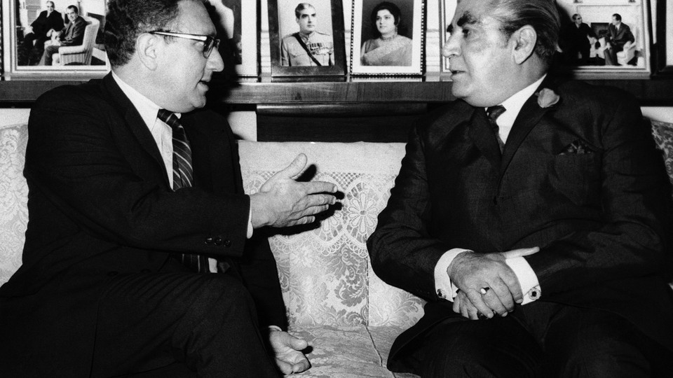 Presidential advisor Henry A. Kissinger chatted with President Agha Mohammed Yahya Khan in Rawalpindi, Pakistan, after his arrival, July 8, 1971.