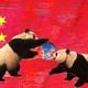 An image of two pandas fighting over a globe is superimposed onto a Chinese flag.