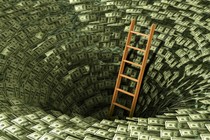 illustration of a ladder leading the way out of a hole covered with dollar bills