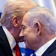 Trump leans in and whispers into Netanyahu's ear, and Netanyahu smiles slightly