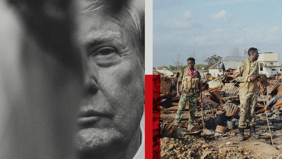 Black and white photo of Donald Trump (left); photo of two soldiers of the Somalia National Army in a village (right)
