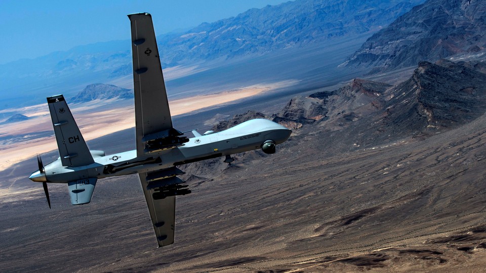 Drone performs aerial maneuvers over Creech Air Force Base, Nevada, U.S.