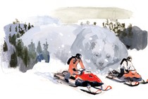 illustration of snowmobilers with an animal