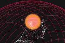 A person's head, an orange orb, and a wireframe red globe on a black background