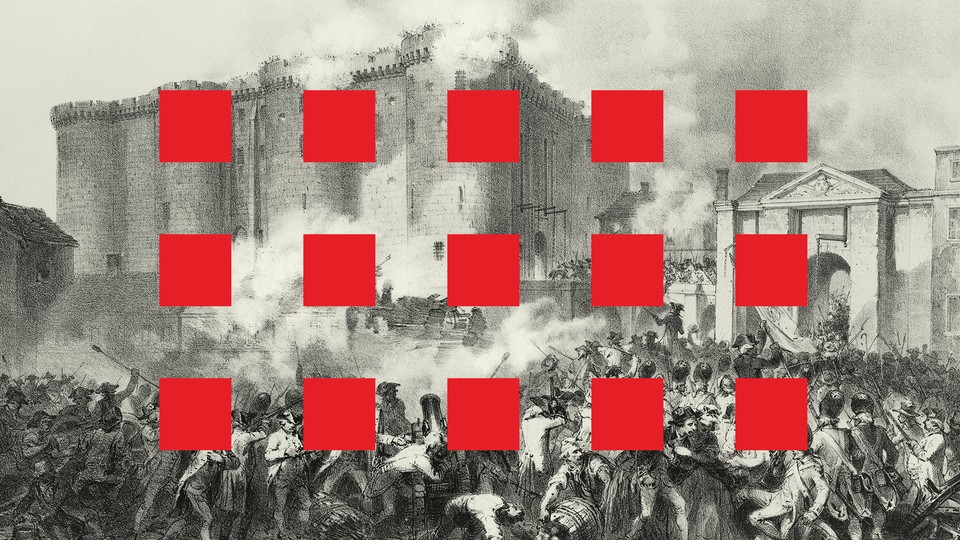 Red squares over the scene of an uprising