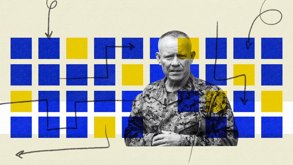 Lieutenant General Larry Nicholson pictured next to blue and yellow boxes.