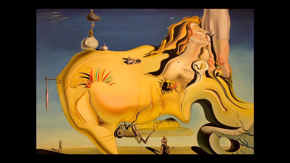 A painting by Salvador Dali of a shapeless woman floating below the nude legs of a man.