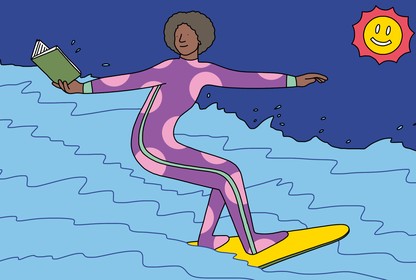 An illustration of a person riding a surfboard and reading a book at the same time.
