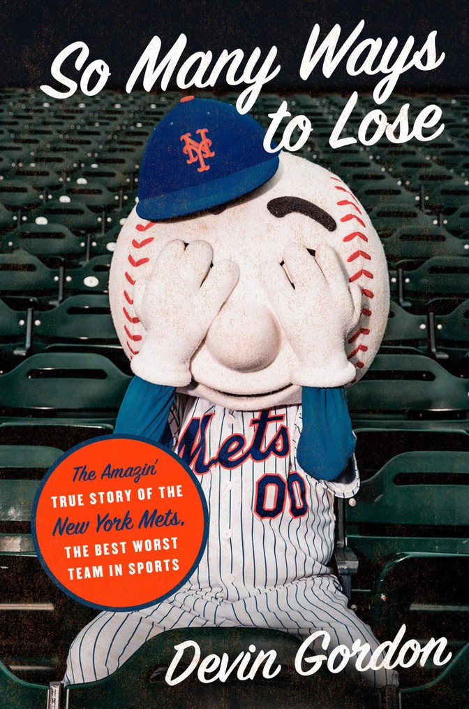 The book cover for Gordon's book, showing Mr. Met with his hands over his eyes, sitting alone in a stadium