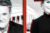 In an Illustration with black, white, blue, and red colors, there are portraits of the "Morning Joe" hosts Mika Brzezinski and Joe Scarborough.