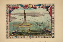 A lithograph created in 1884 depicts boats surrounding the Statue of Liberty in New York Harbor