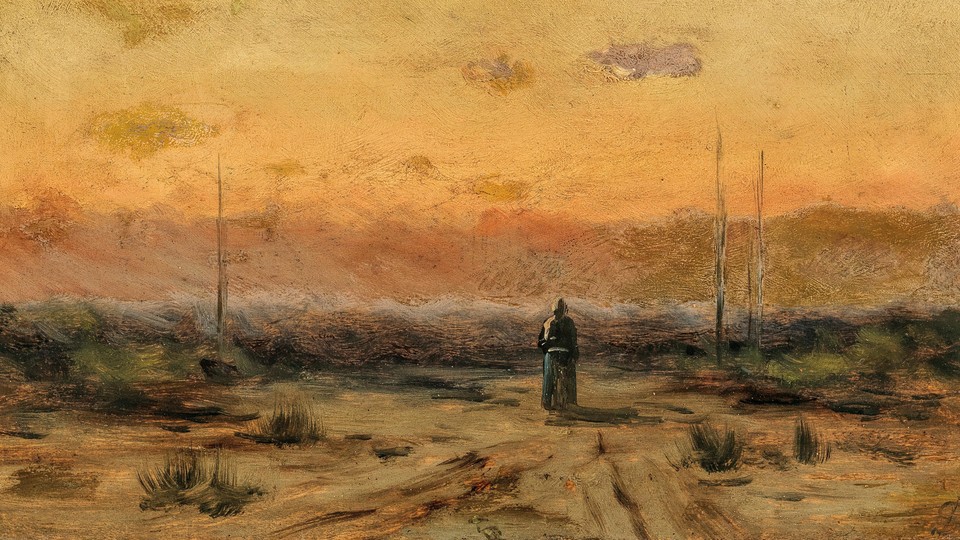 A painting of a person standing alone in a field