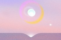 A white star with a yellow and pink aura over a parting rose-colored ocean