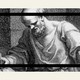 A black-and-white illustration of Socrates writing