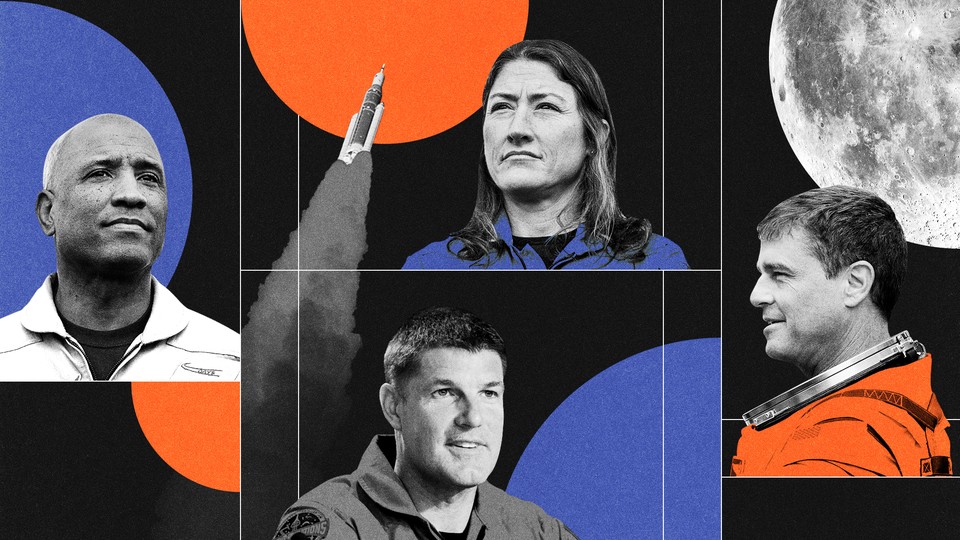 Collage of the four astronauts of the Artemis II moon mission, the moon, and a spacecraft in liftoff