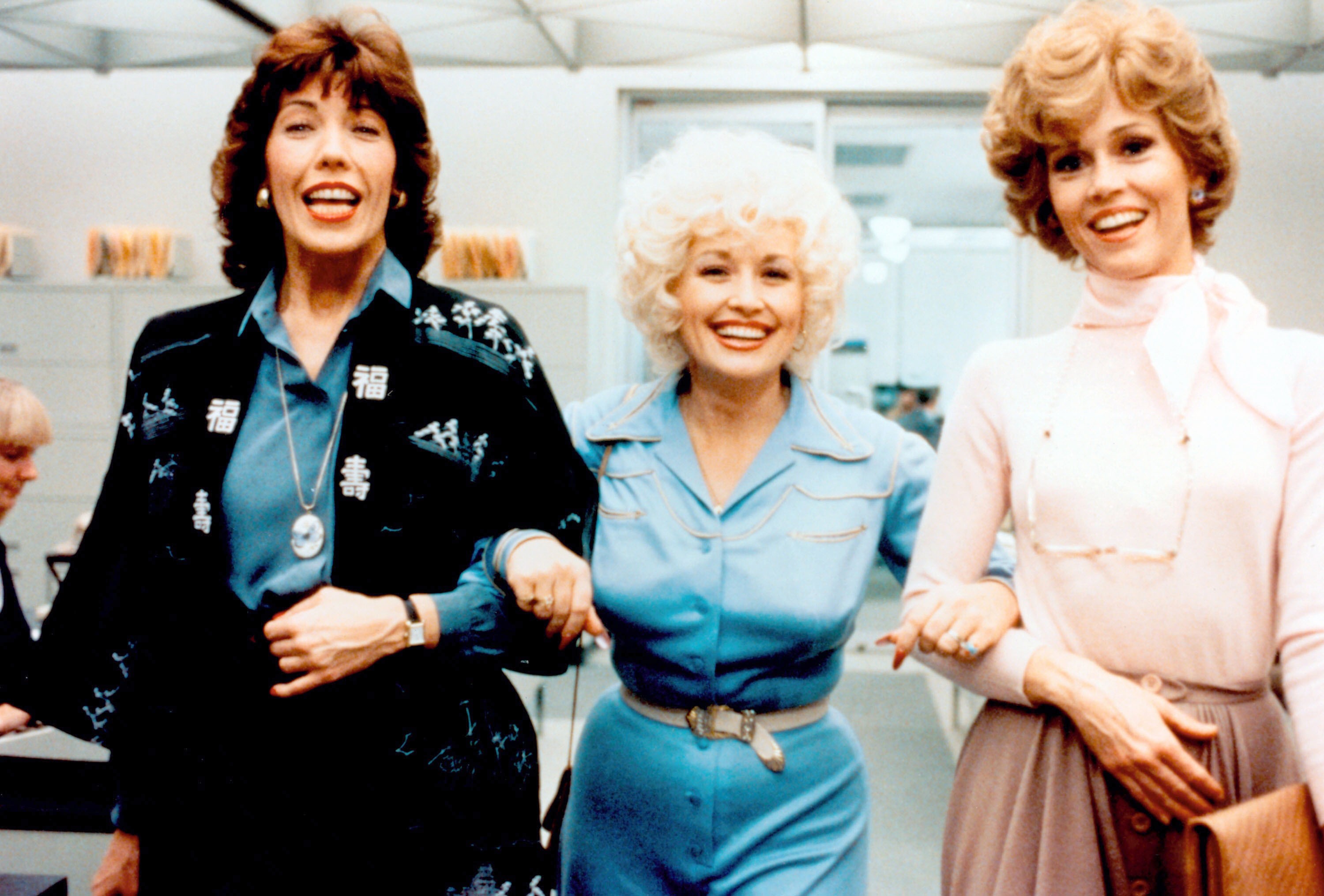 Lily Tomlin, Dolly Parton, and Jane Fonda, in costume on the set of the 1980 movie '9 to 5'