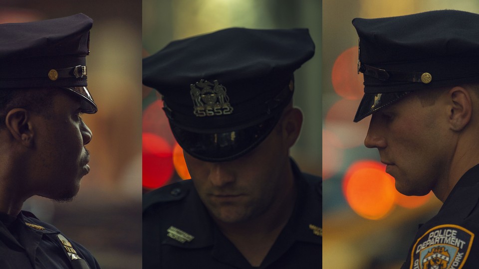 A triptych of portraits of police officers in uniform. The first looks away from the camera; the second and the third look down.