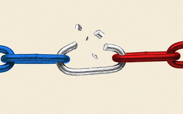 An illustration of red and blue chains with a silver link breaking between them