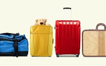 four different suitcases, one with a stuffed animal poking out