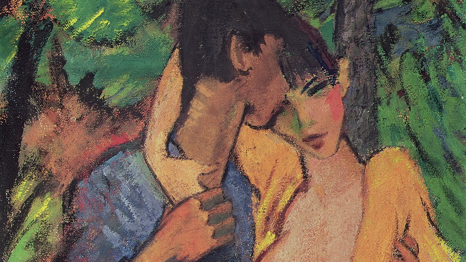 A painting of a woman with her arm around a man's neck.