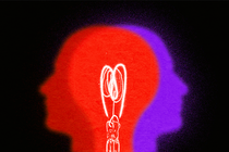 A graphic illustration of two silhouettes—one red, one purple—overlapping to form a lightbulb